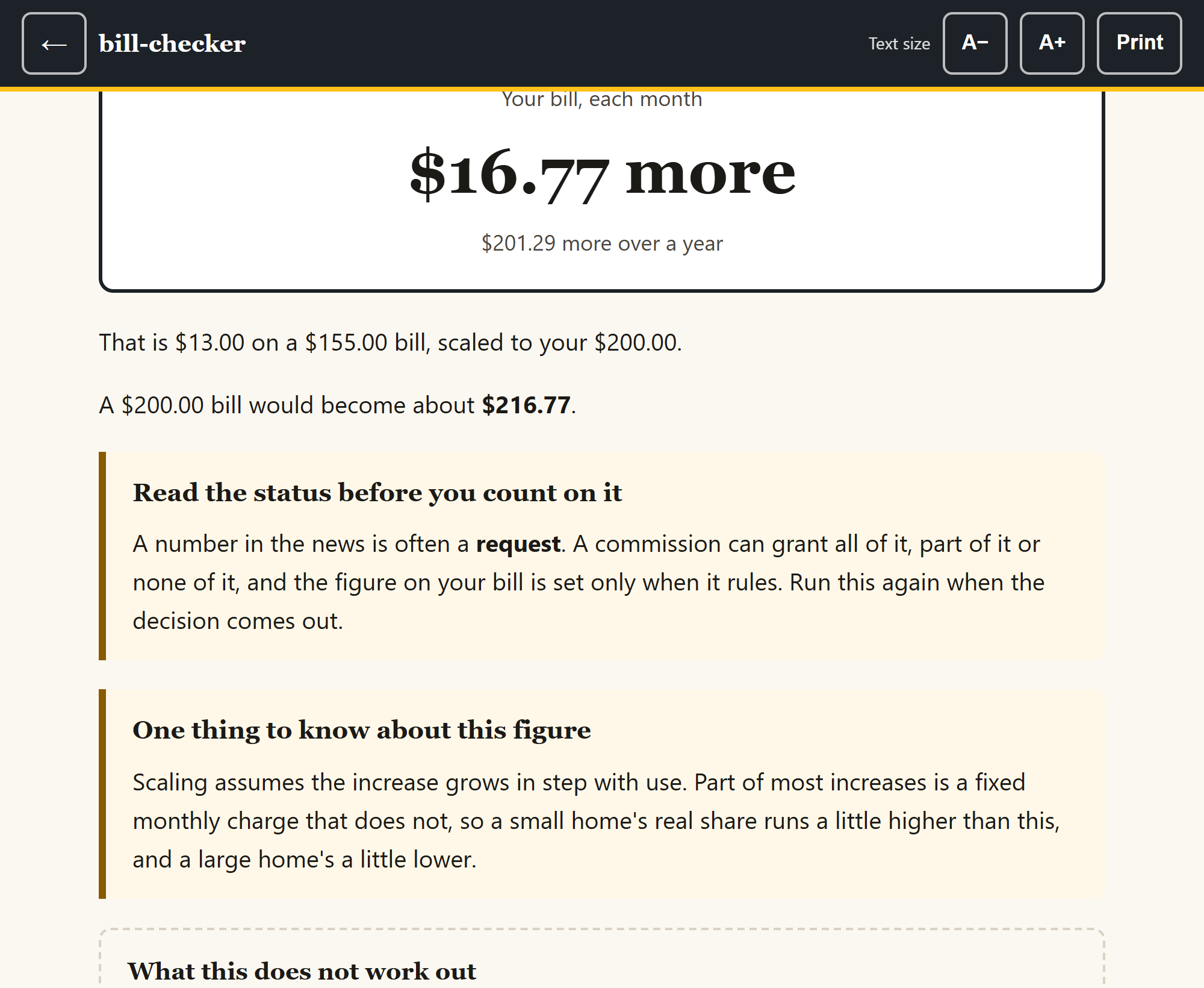 The rate-change tool turning thirteen dollars more on a 155 dollar bill into the figure for a 200 dollar bill.