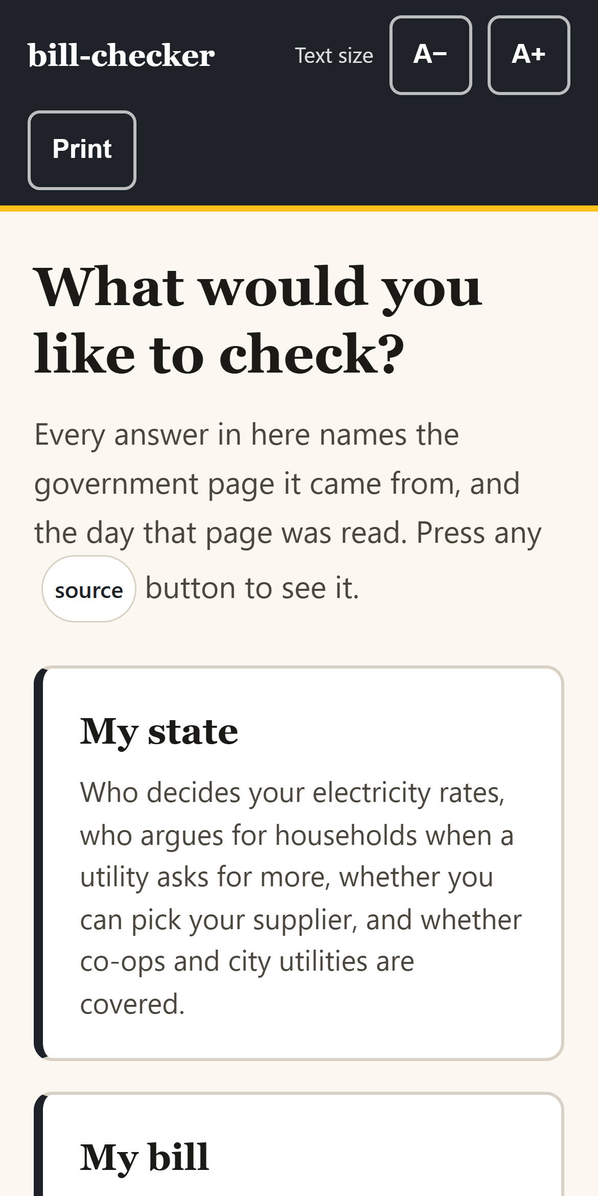 The app on a phone, showing the two halves as large buttons.