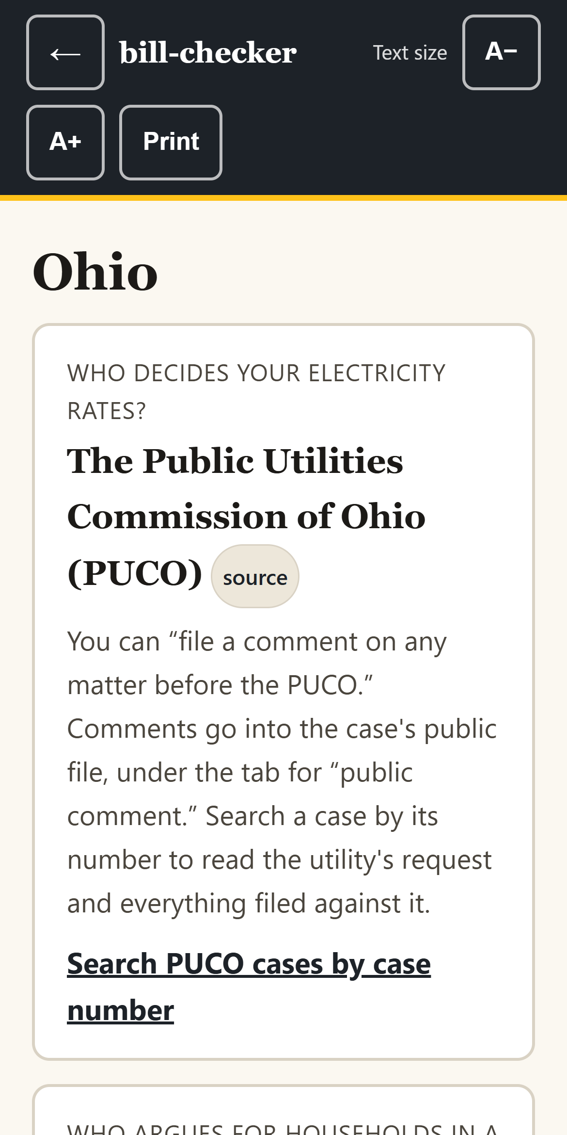 A state page on a phone, with large type and a source button.