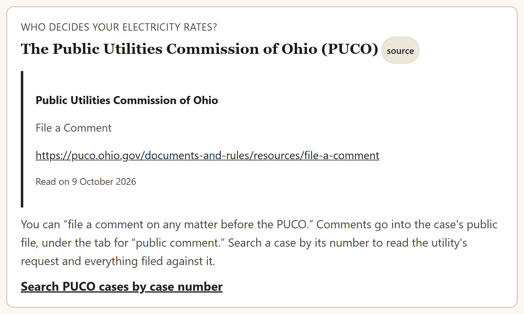 A question reading "Who decides your electricity rates?" answered with the state's commission, with an open panel naming the commission, the document, the web address and the day it was read.