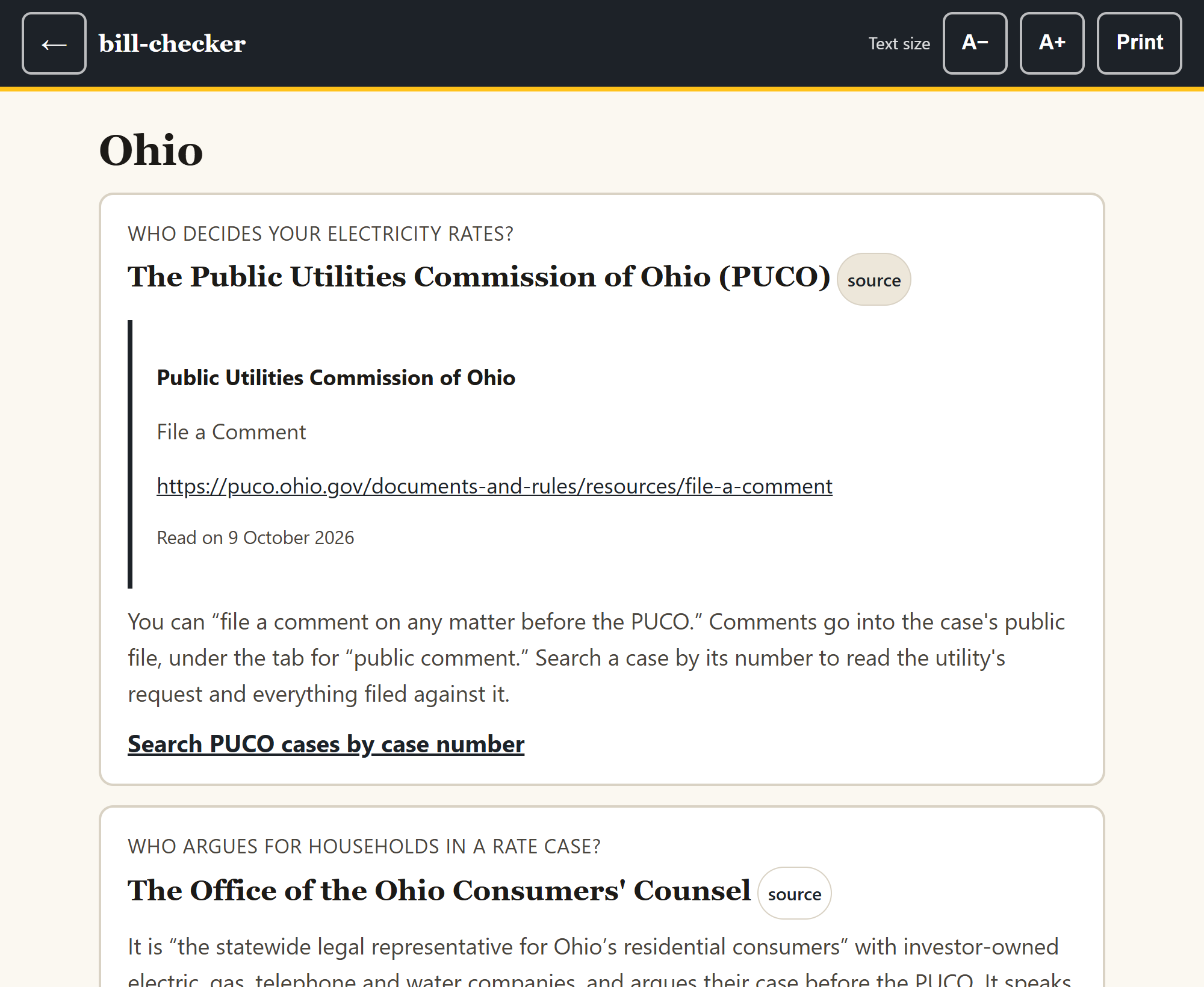 A state page showing four answers with source buttons and links.